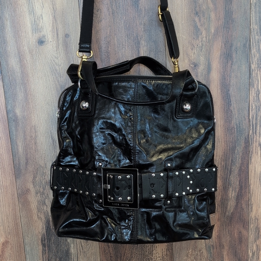 Kara James Belted Black Leather Handbag                                     C283